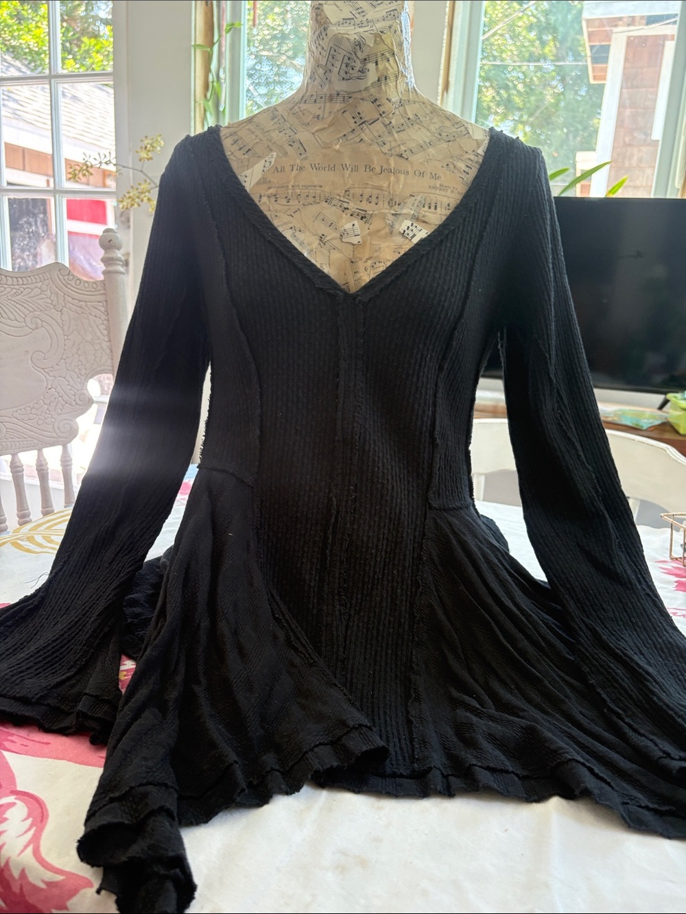 We The Free Black Ribbed V-Neck Flared Tunic